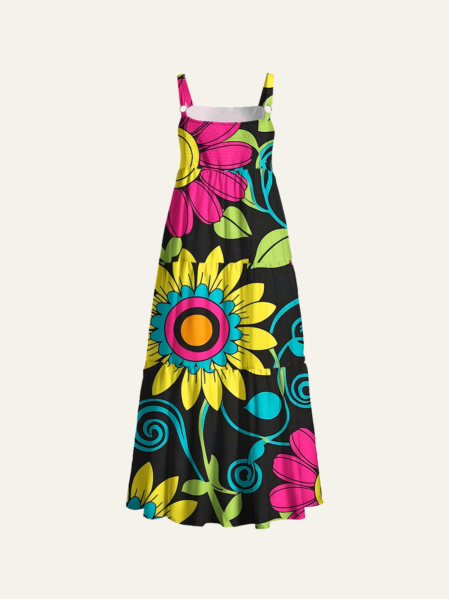 Retro 70S Psychedelic Sunflower Adjustable Wide Straps Maxi Dress