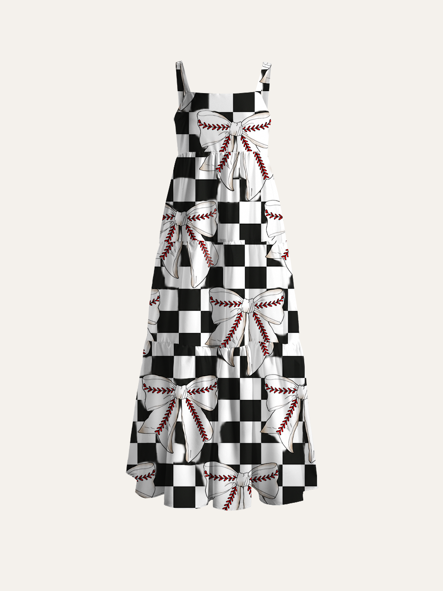 Coquette Baseball Checkerboard Adjustable Wide Straps Maxi Dress