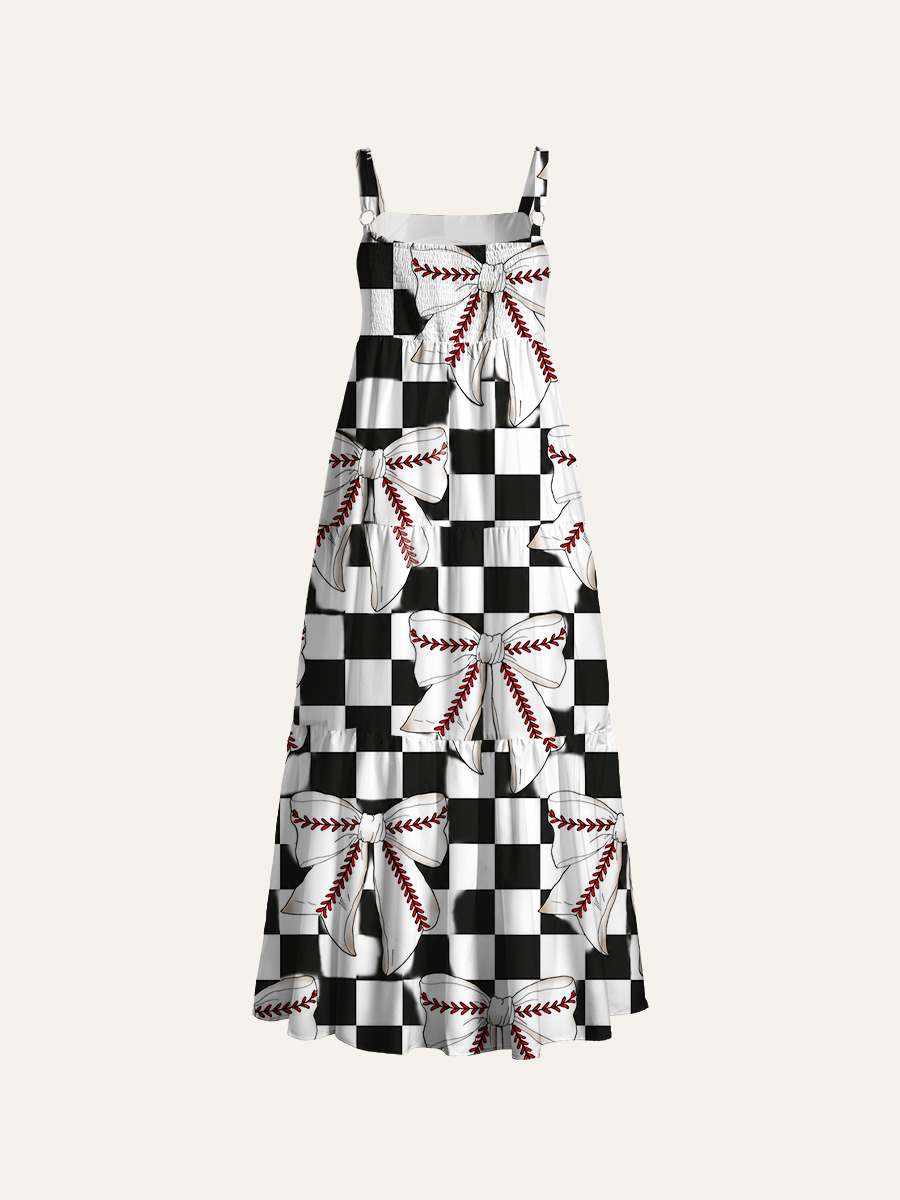 Coquette Baseball Checkerboard Adjustable Wide Straps Maxi Dress