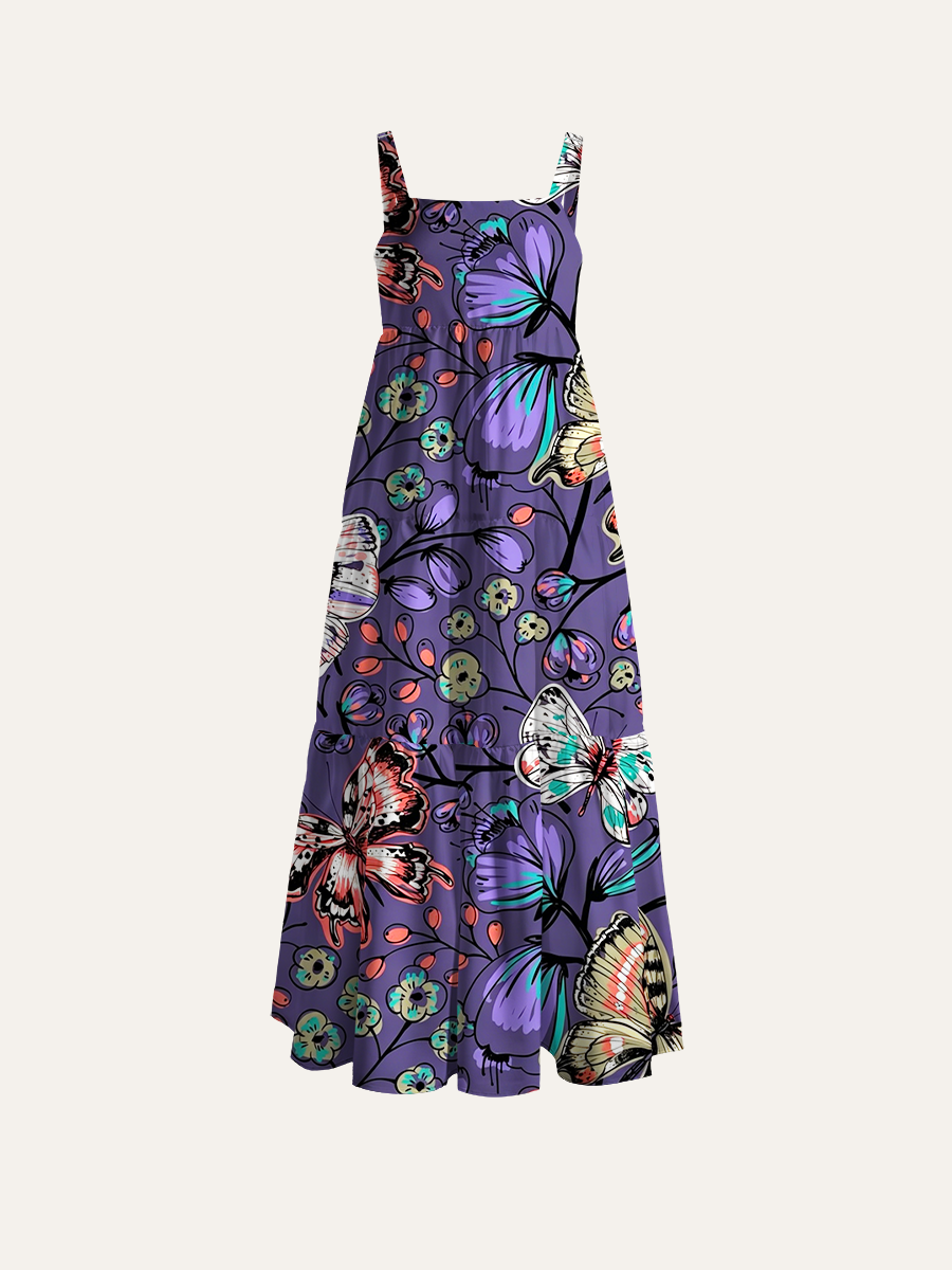 Bohemian Floral Butterflies Adjustable Wide Straps Maxi Dress