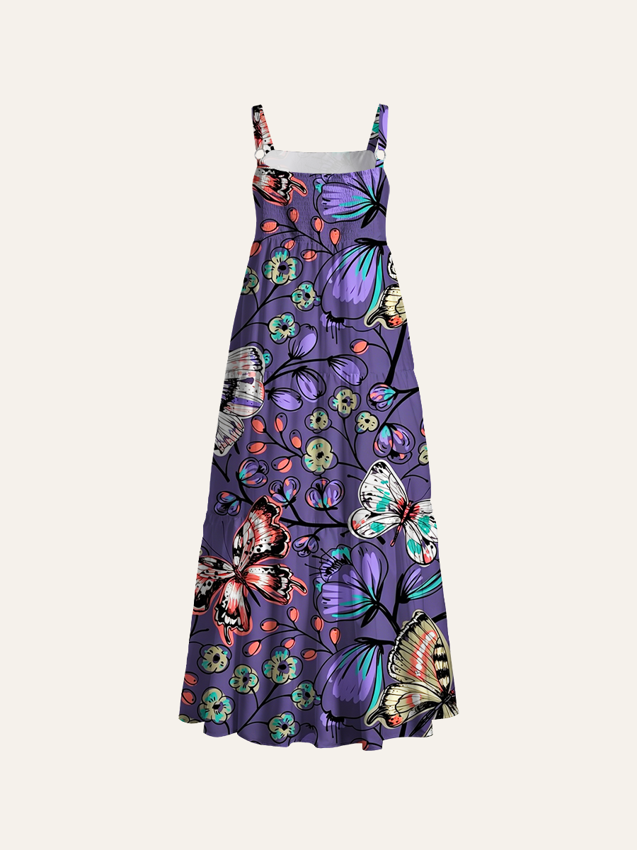 Bohemian Floral Butterflies Adjustable Wide Straps Maxi Dress