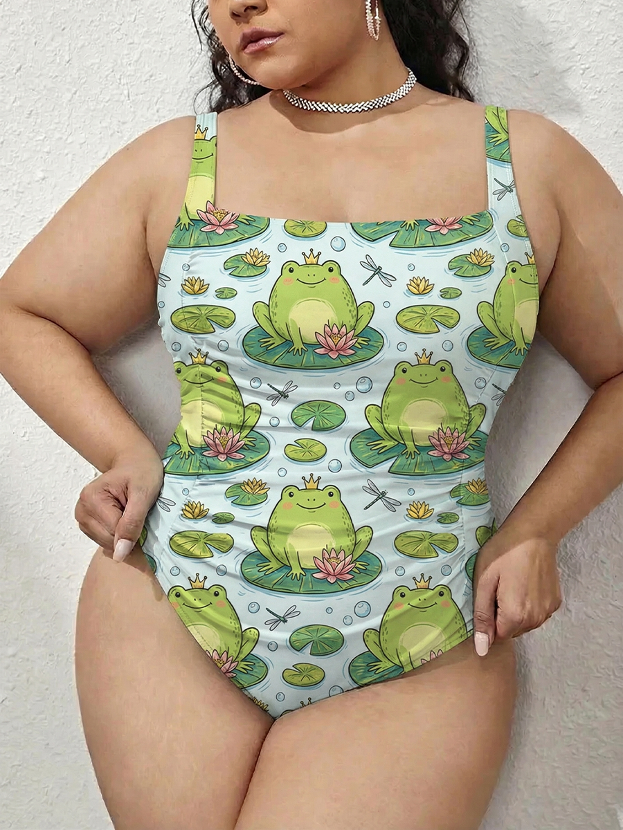 Vintage Happy Frog Sitting On Lily Pad Gathered Swimsuit