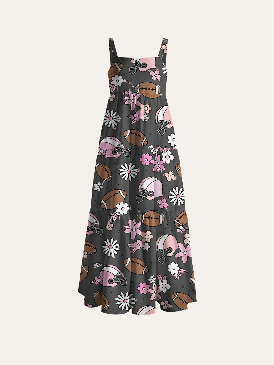 Pink Football & Daisy Adjustable Wide Straps Maxi Dress