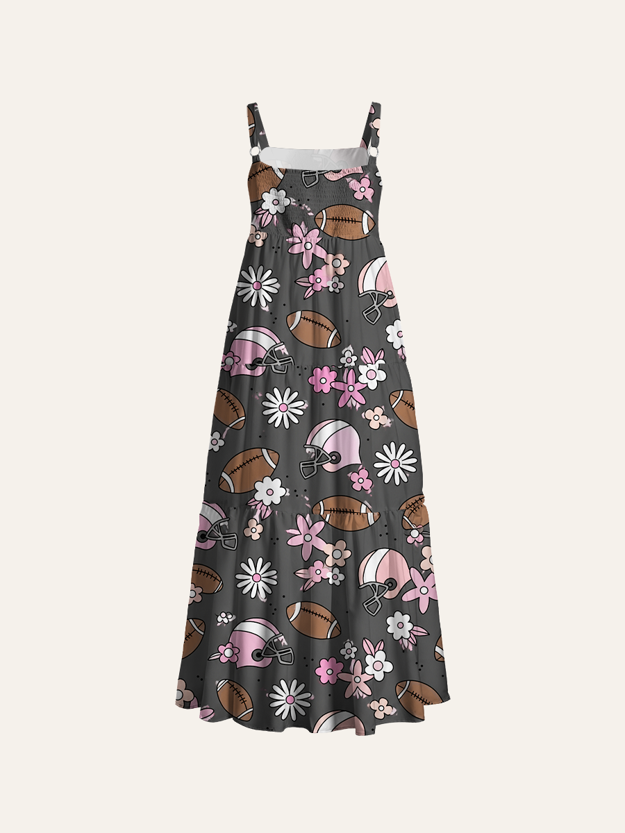 Pink Football & Daisy Adjustable Wide Straps Maxi Dress