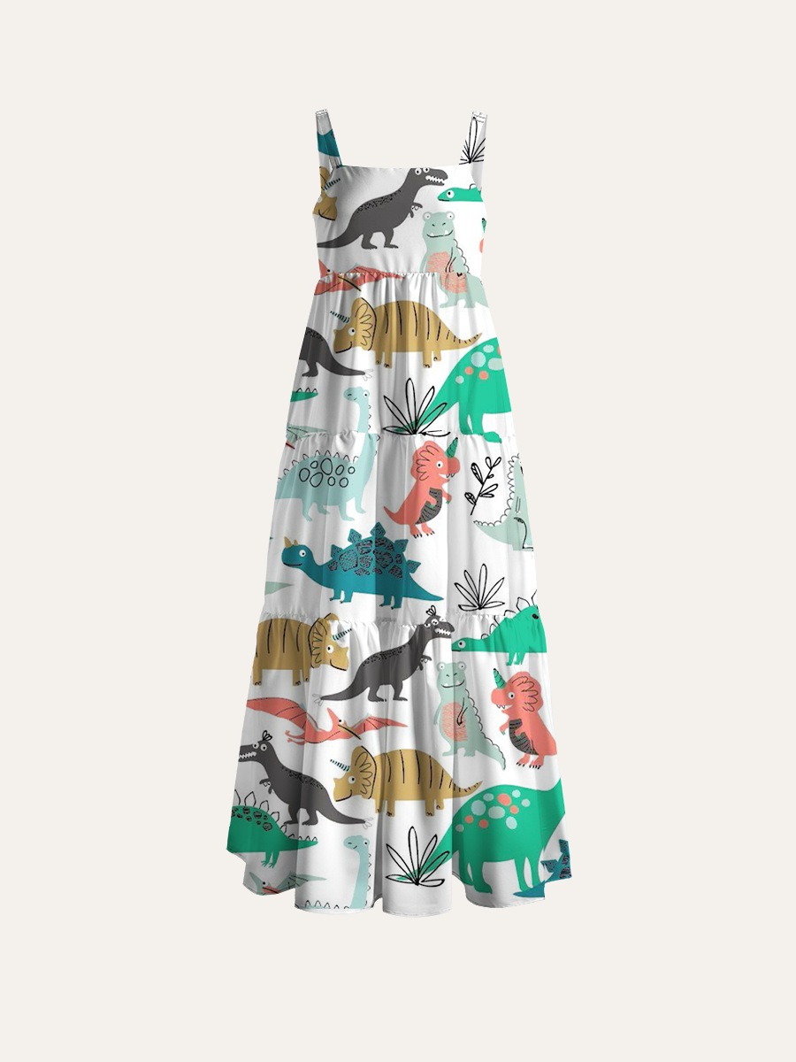 Playful Pastel Dinosaur Adjustable Wide Straps Maxi Dress