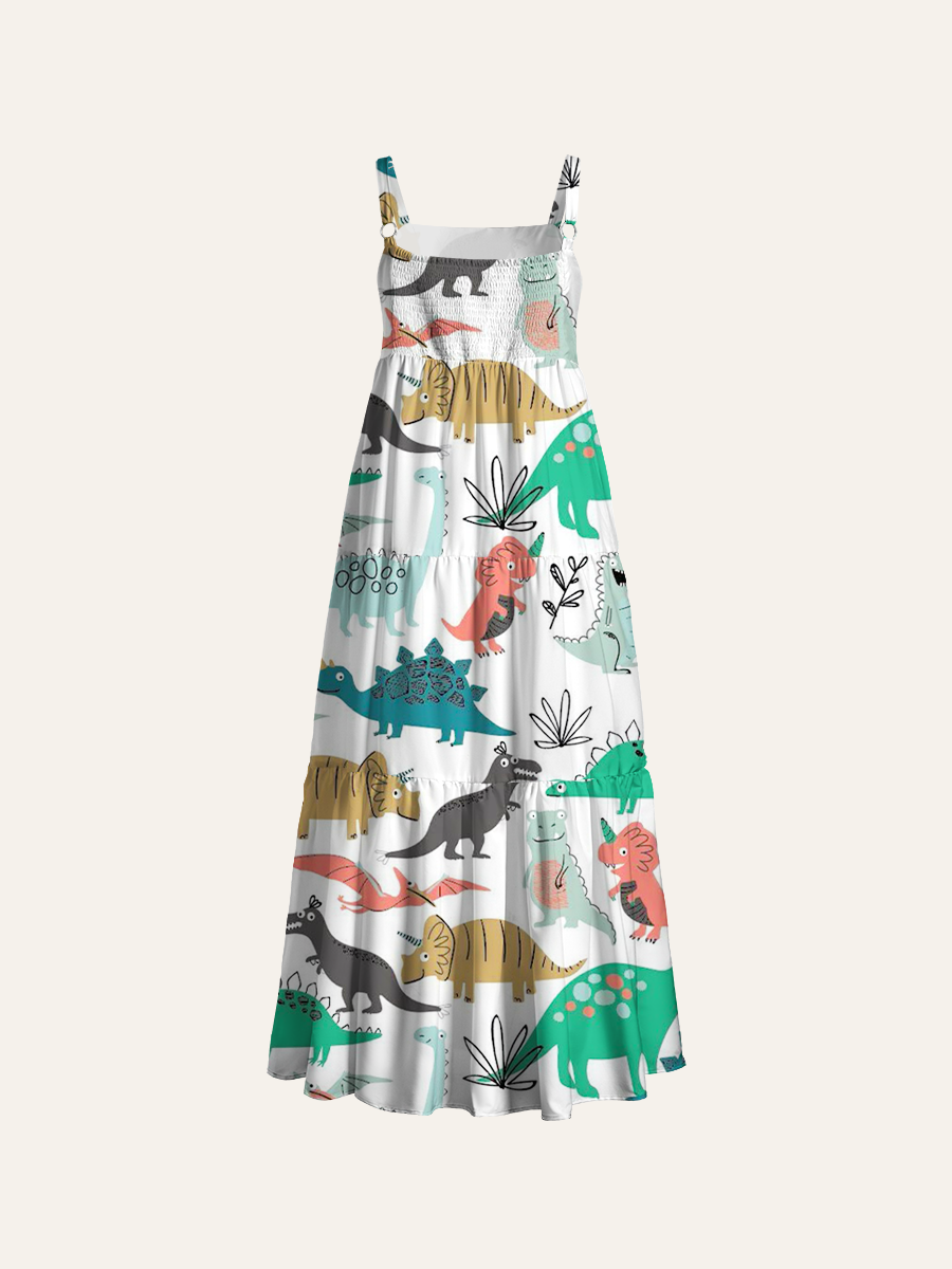 Playful Pastel Dinosaur Adjustable Wide Straps Maxi Dress