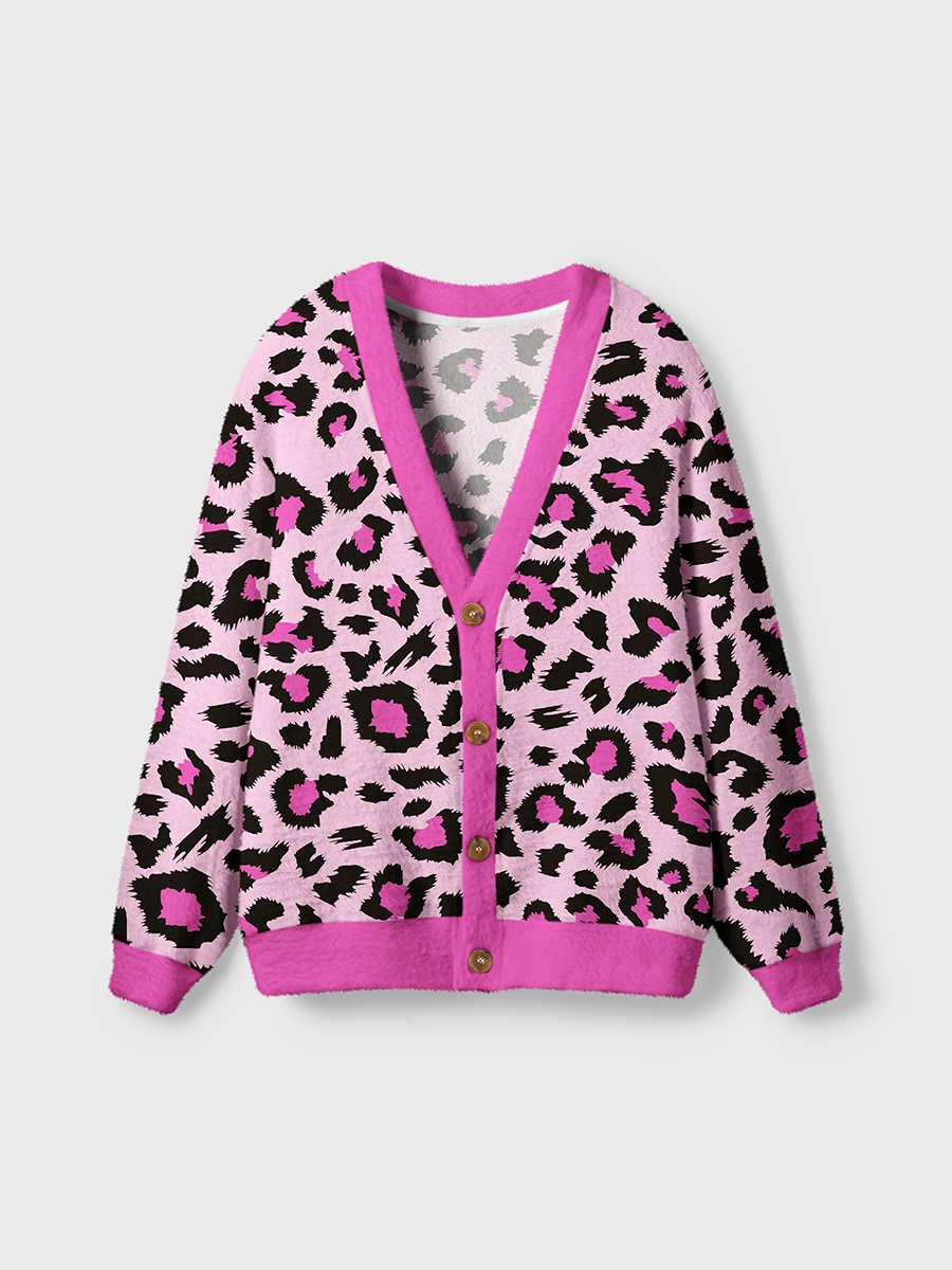 Vintage Bright Pink Leopard Cardigan Sweaters