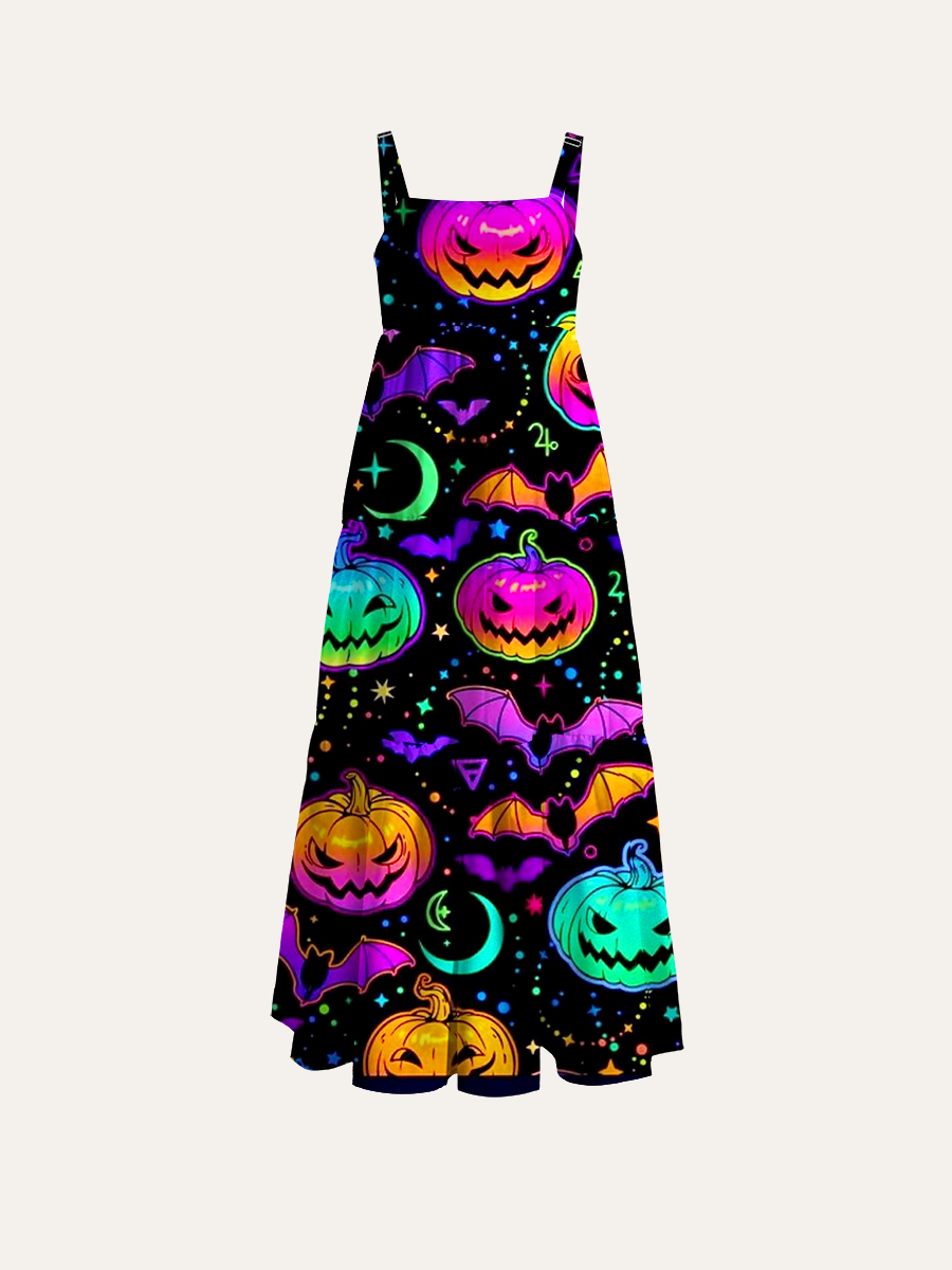 Neon Glow Halloween Pumpkins Adjustable Wide Straps Maxi Dress