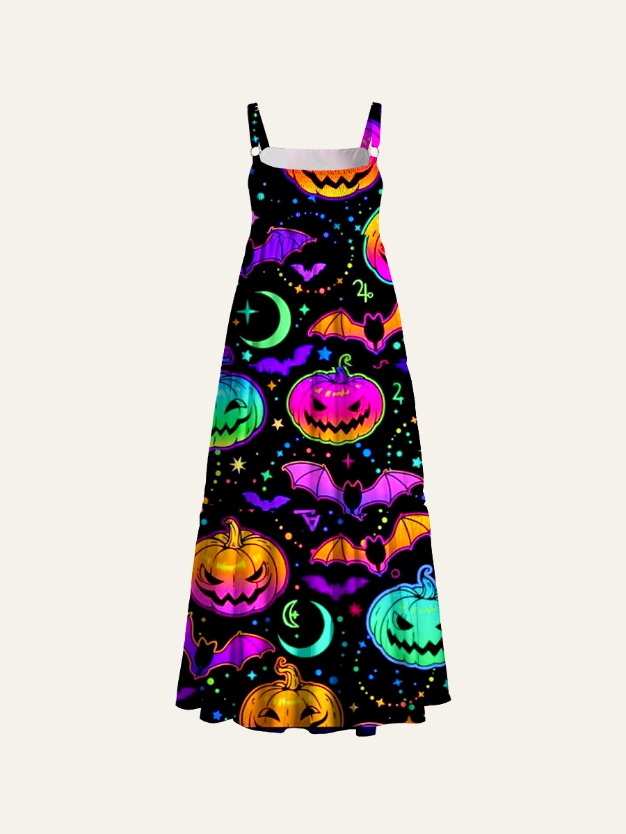 Neon Glow Halloween Pumpkins Adjustable Wide Straps Maxi Dress