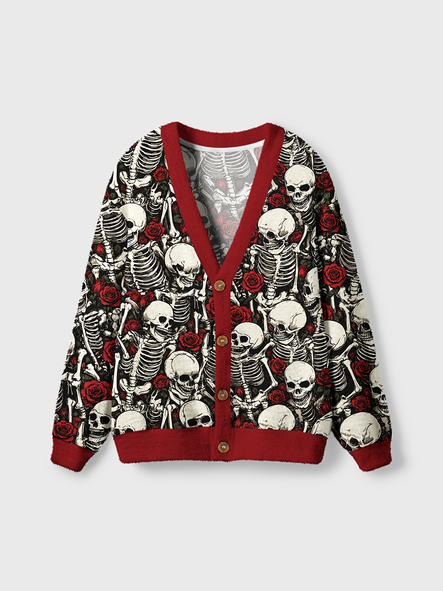 Vintage Engraving Skull and Red Rose Halloween Cardigan Sweaters