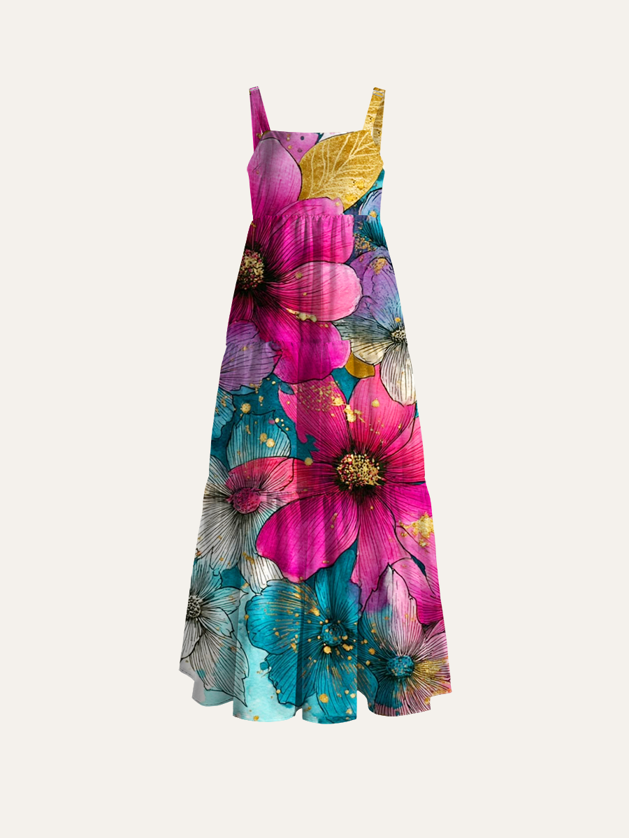 Watercolor Gold Foil Splash Floral Adjustable Wide Straps Maxi Dress