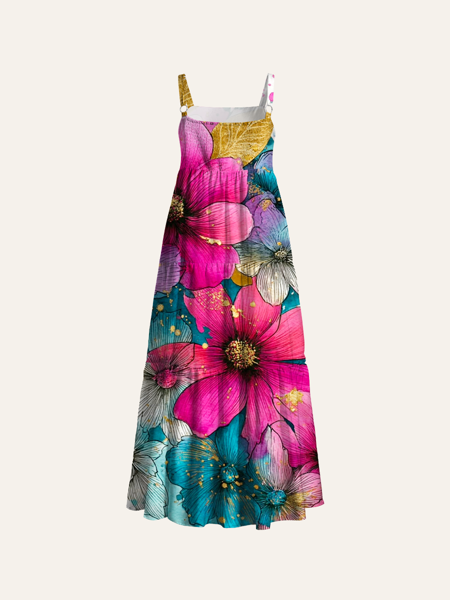 Watercolor Gold Foil Splash Floral Adjustable Wide Straps Maxi Dress