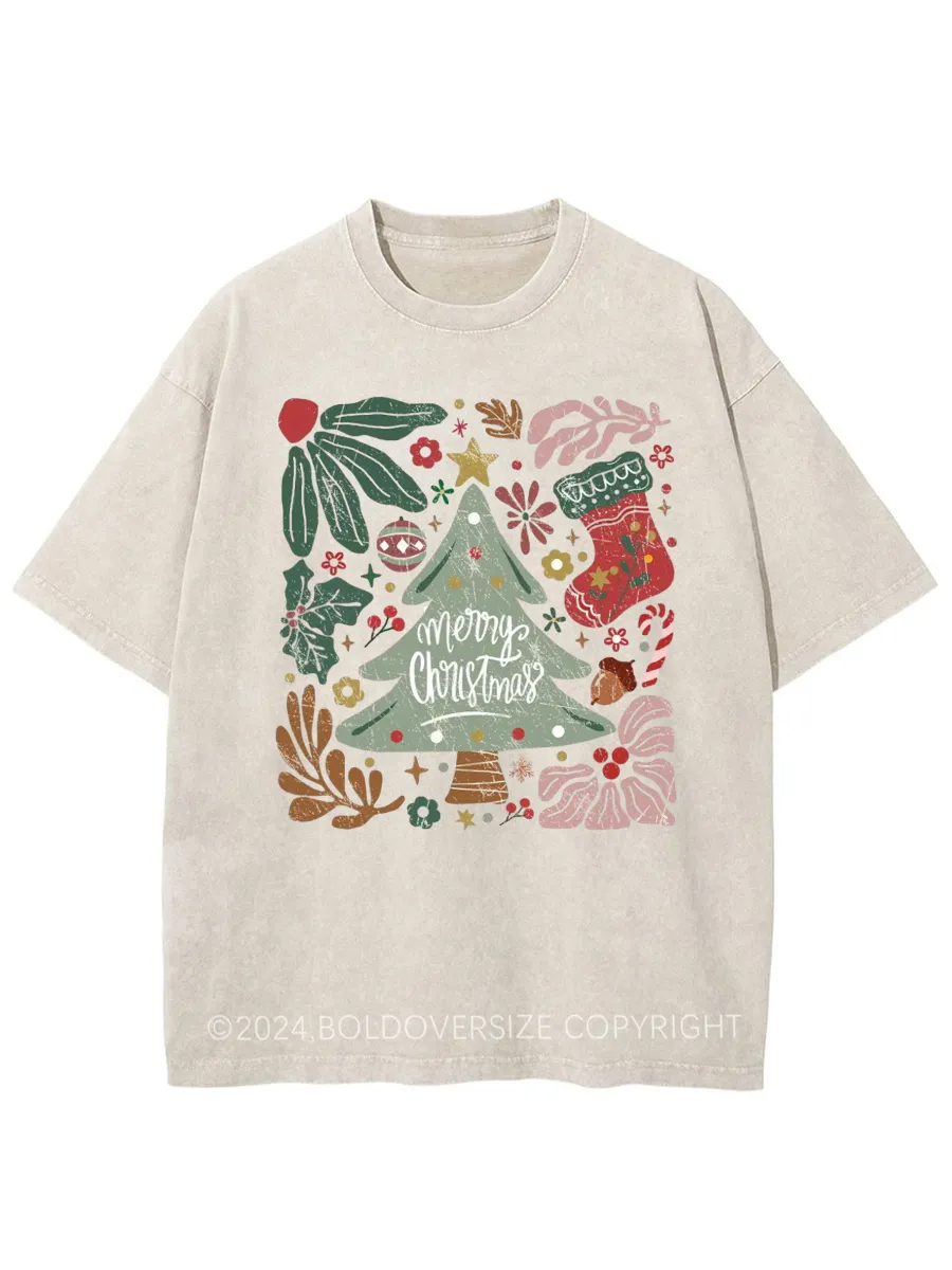 Vintage Merry Christmas Green Flora Washed T-Shirt