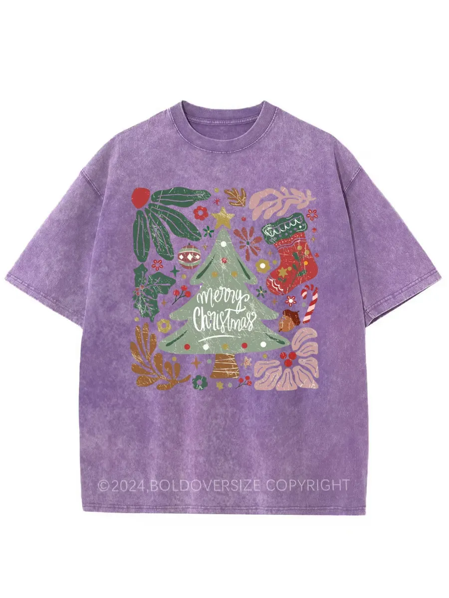 Vintage Merry Christmas Green Flora Washed T-Shirt