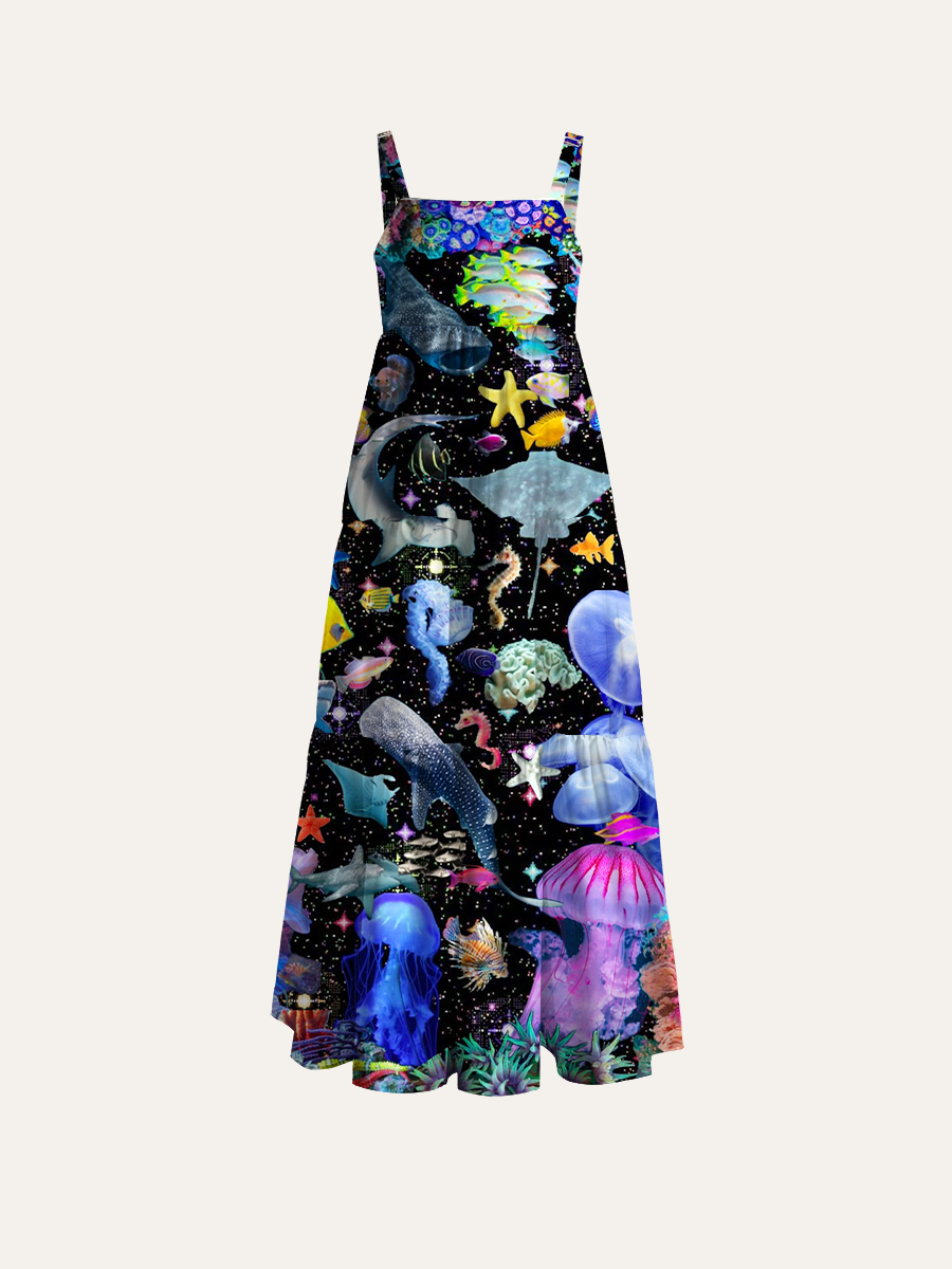 Psychedelic Cosmic Ocean Animal Adjustable Wide Straps Maxi Dress