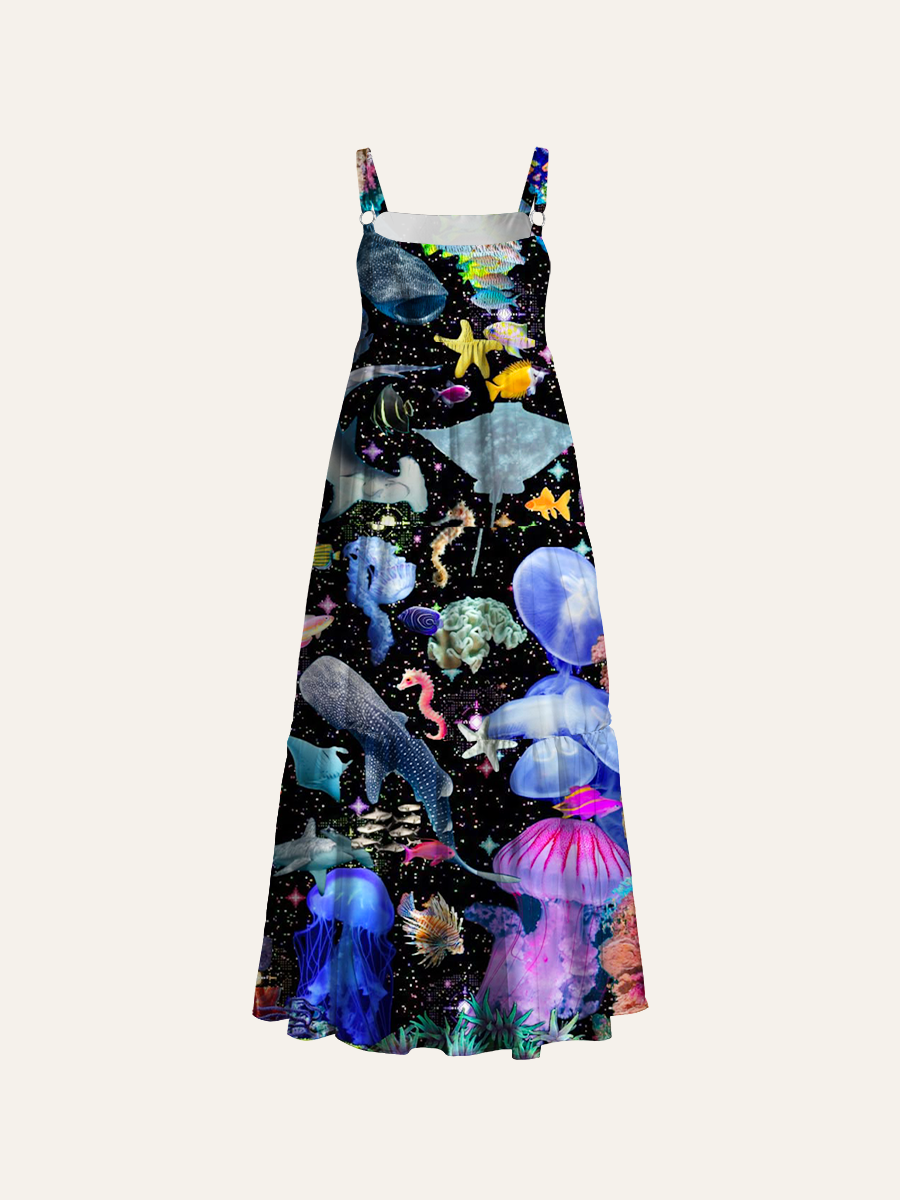 Psychedelic Cosmic Ocean Animal Adjustable Wide Straps Maxi Dress