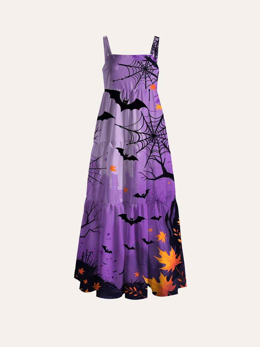 Black Spider Web & Bat Silhouettes Adjustable Wide Straps Maxi Dress