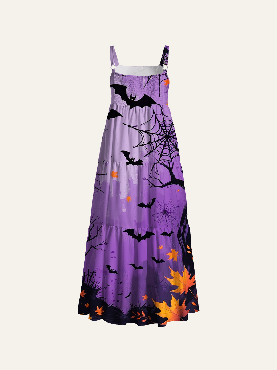 Black Spider Web & Bat Silhouettes Adjustable Wide Straps Maxi Dress