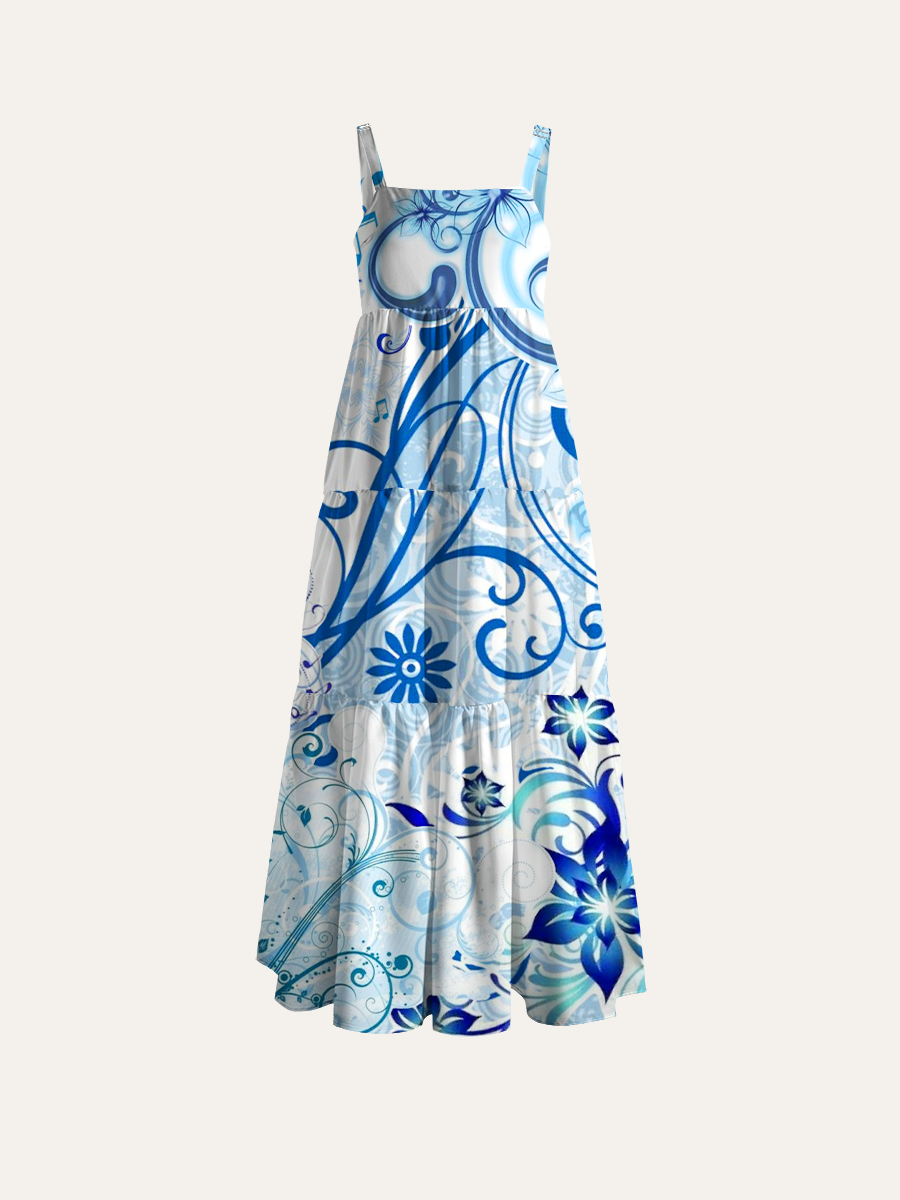 Luxury Blue Swirl Musical Note Adjustable Wide Straps Maxi Dress