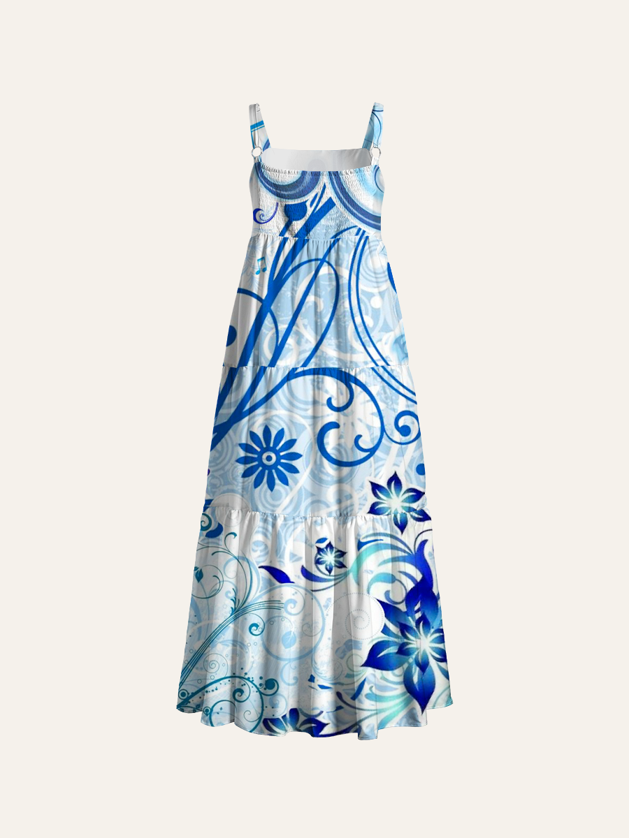 Luxury Blue Swirl Musical Note Adjustable Wide Straps Maxi Dress