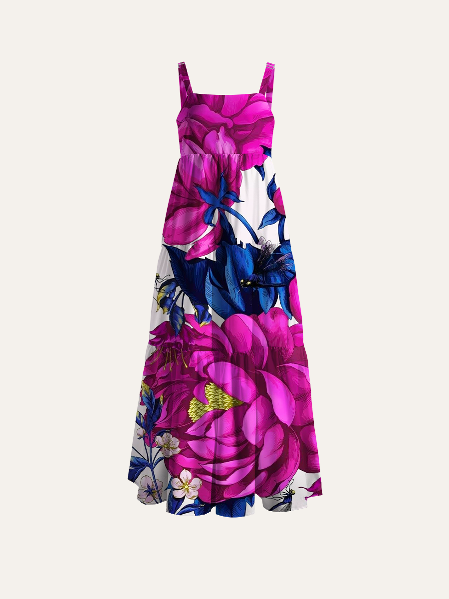 Vintage Vivid Magenta Peony Adjustable Wide Straps Maxi Dress