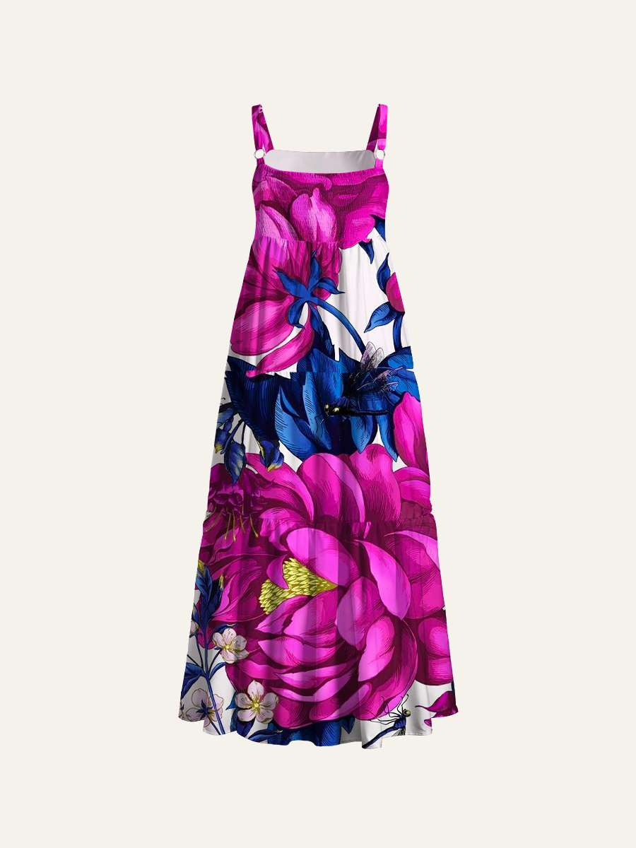 Vintage Vivid Magenta Peony Adjustable Wide Straps Maxi Dress