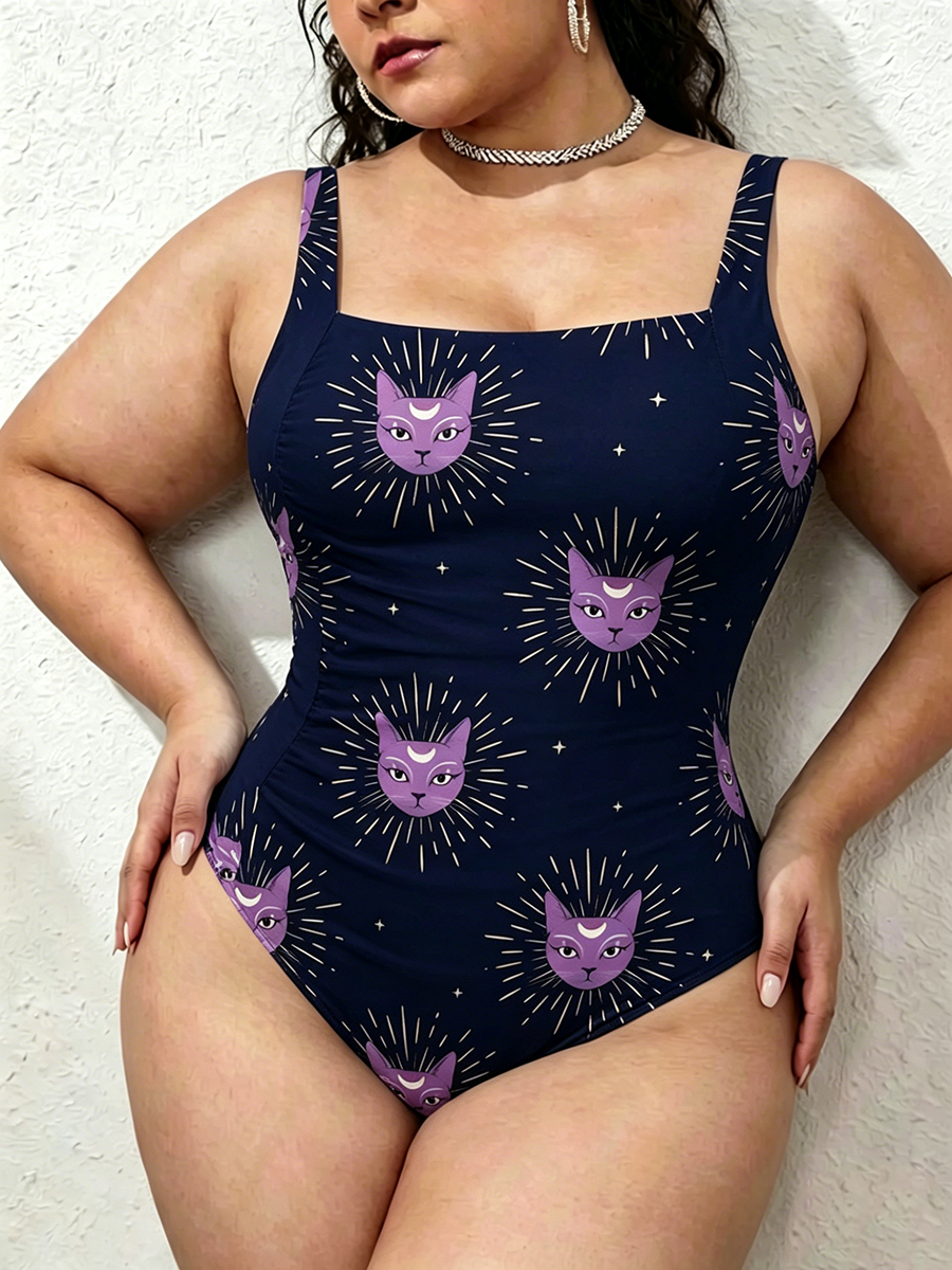Vintage Bohemian Celestial Cat Gathered Swimsuit