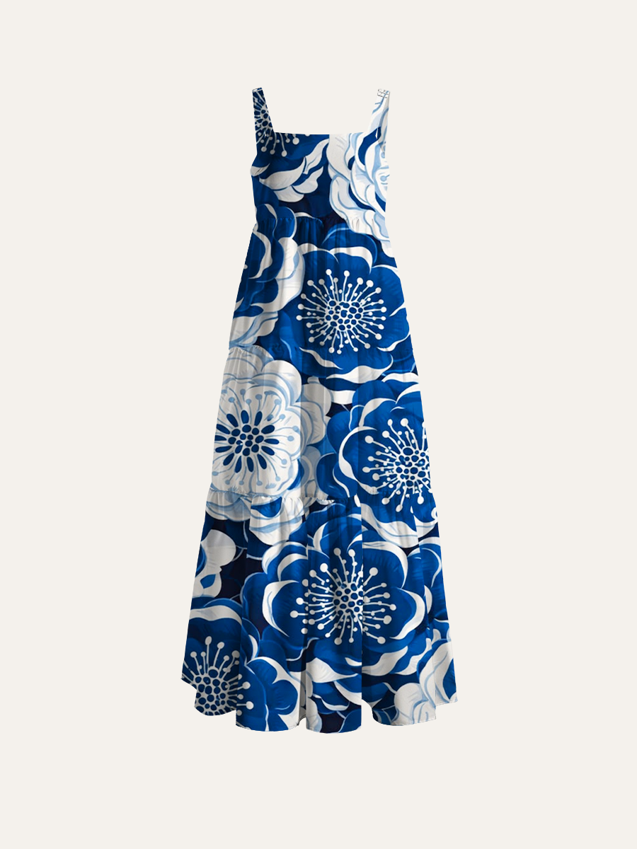 Indigo Porcelain Flowers Adjustable Wide Straps Maxi Dress