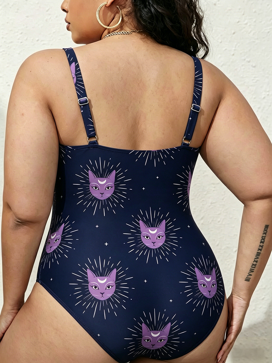Vintage Bohemian Celestial Cat Gathered Swimsuit