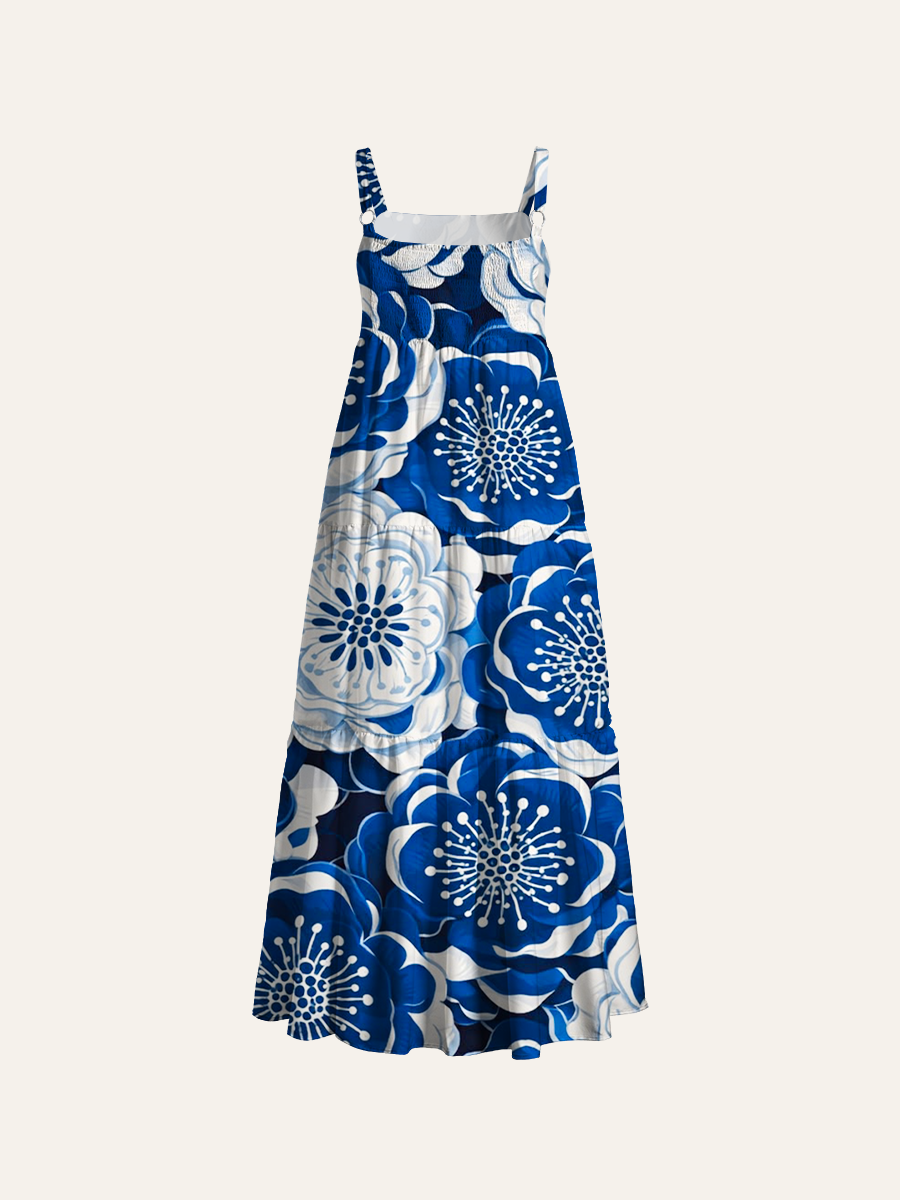 Indigo Porcelain Flowers Adjustable Wide Straps Maxi Dress