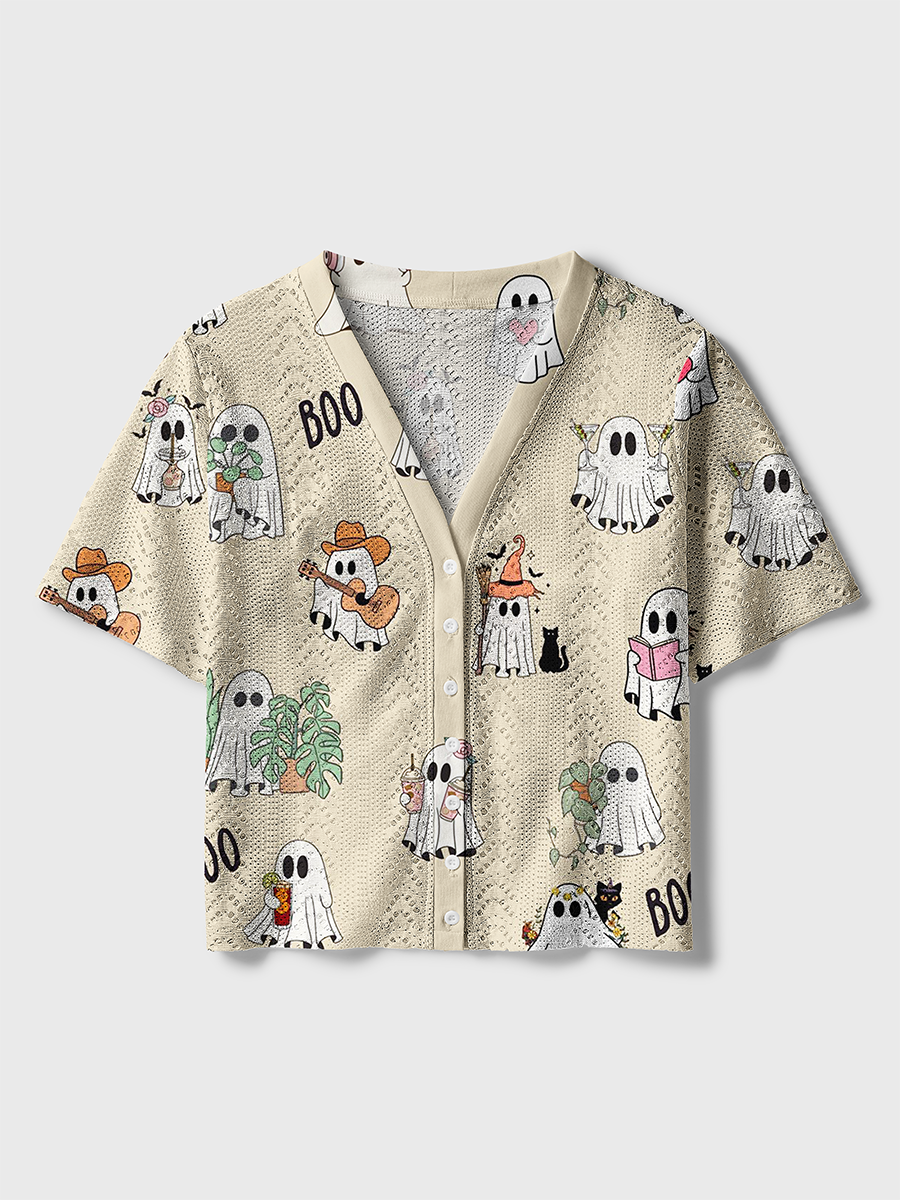 Cute Ghost Doodle Boo Crochet Button Down Cardigan