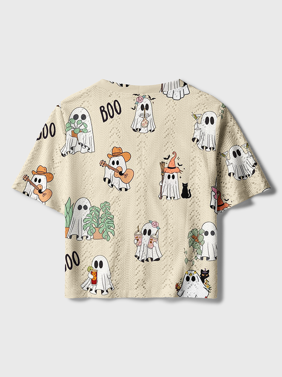 Cute Ghost Doodle Boo Crochet Button Down Cardigan