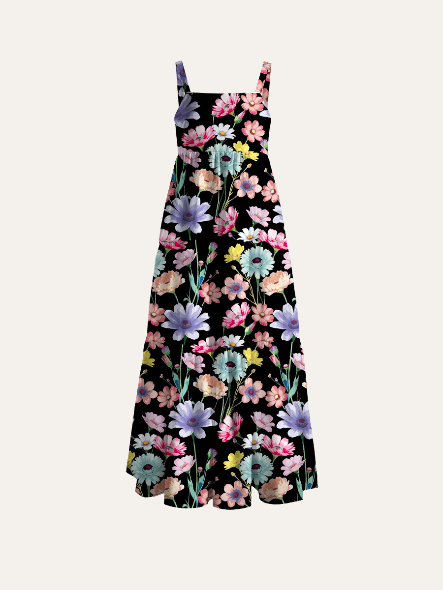 Watercolor Mixed Cosmos Wildflower Adjustable Wide Straps Maxi Dress