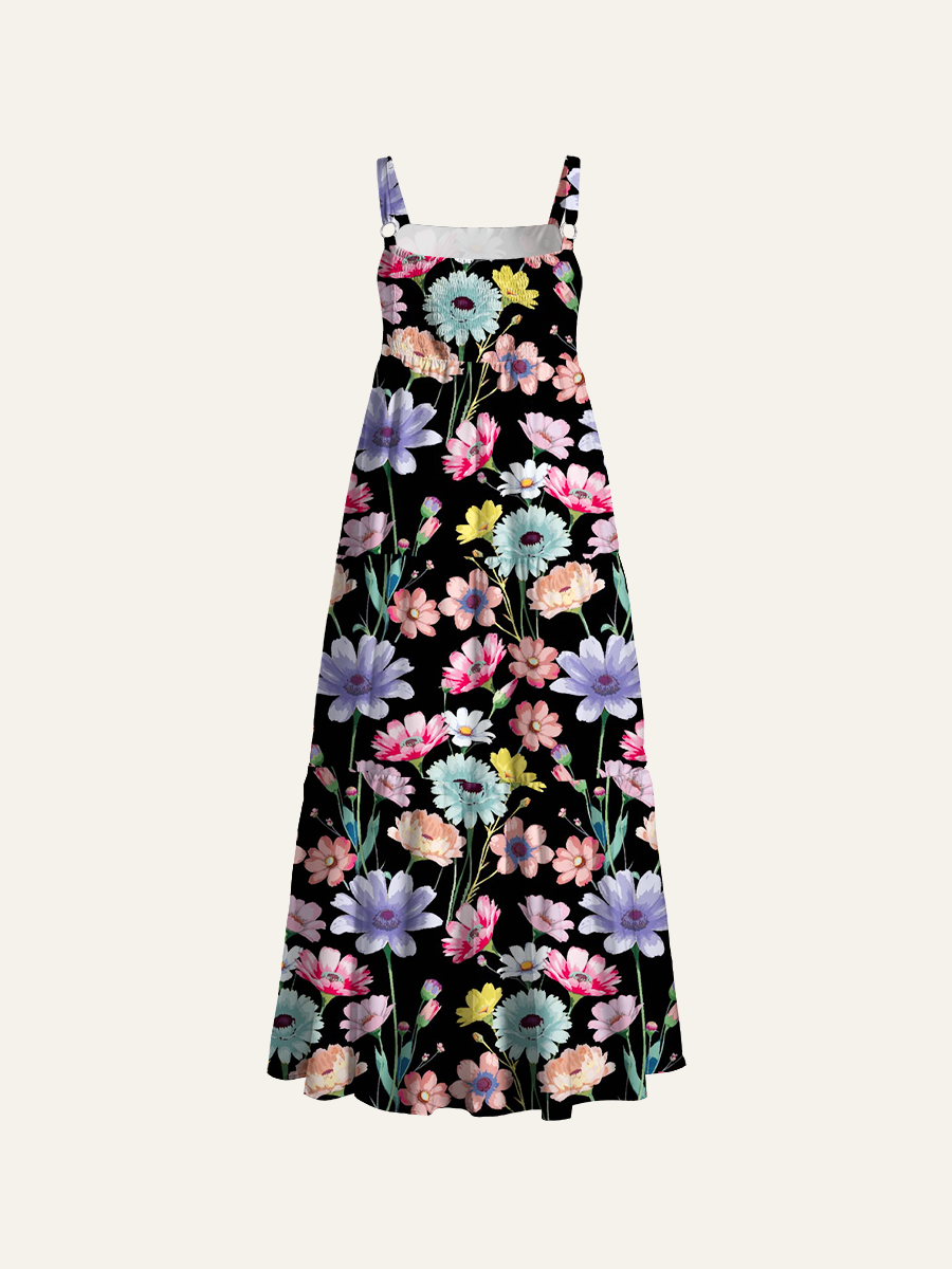 Watercolor Mixed Cosmos Wildflower Adjustable Wide Straps Maxi Dress