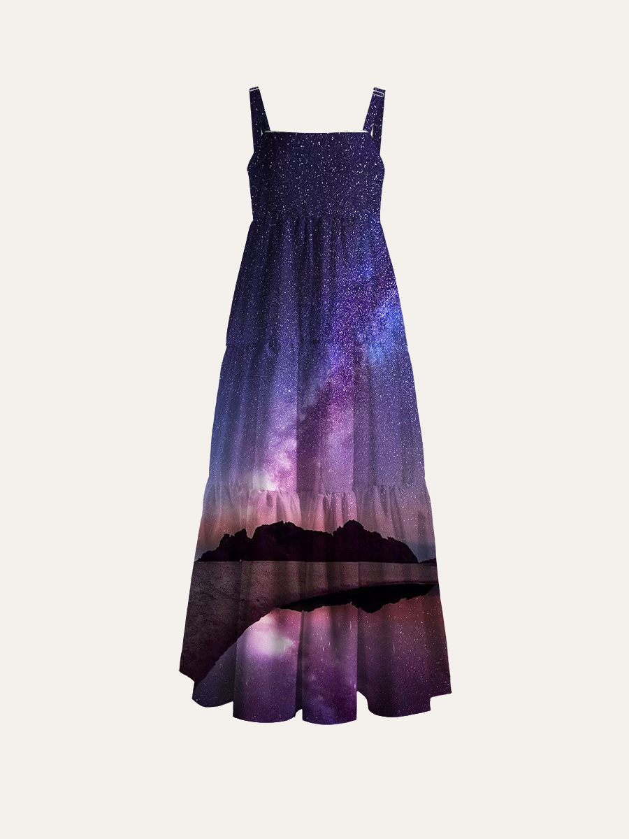 Realistic Purple Milky Way Beach Landscape Adjustable Wide Straps Maxi Dress