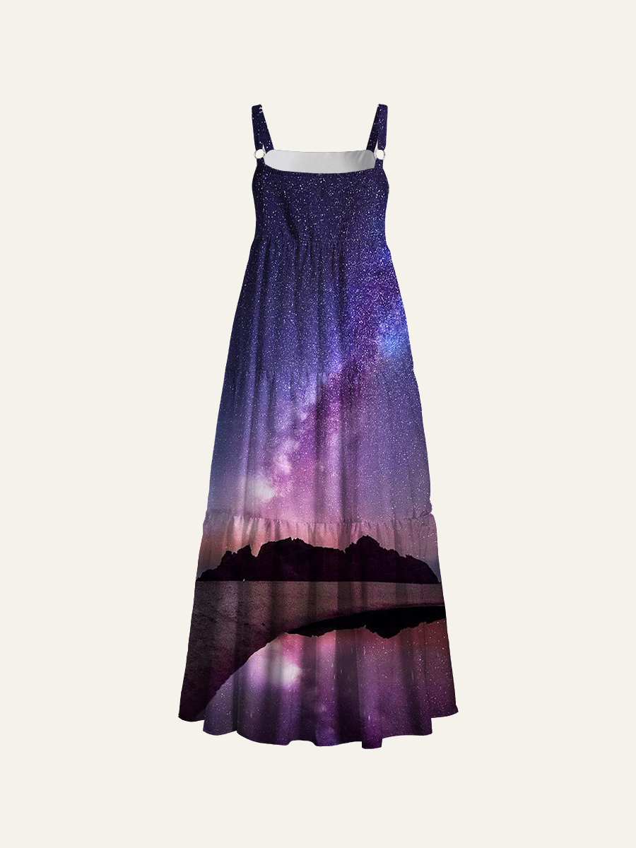 Realistic Purple Milky Way Beach Landscape Adjustable Wide Straps Maxi Dress