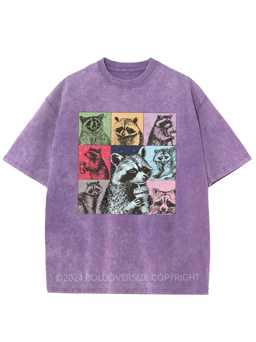 Vintage Racoon Drink Coffee Washed T-Shirt