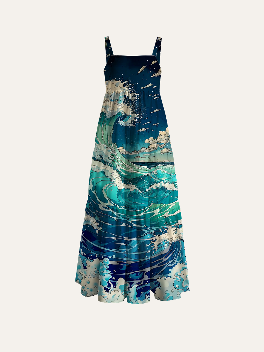 Vintage Japanese Ocean Adjustable Wide Straps Maxi Dress