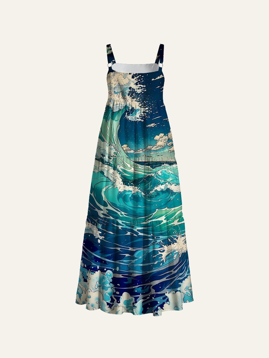 Vintage Japanese Ocean Adjustable Wide Straps Maxi Dress