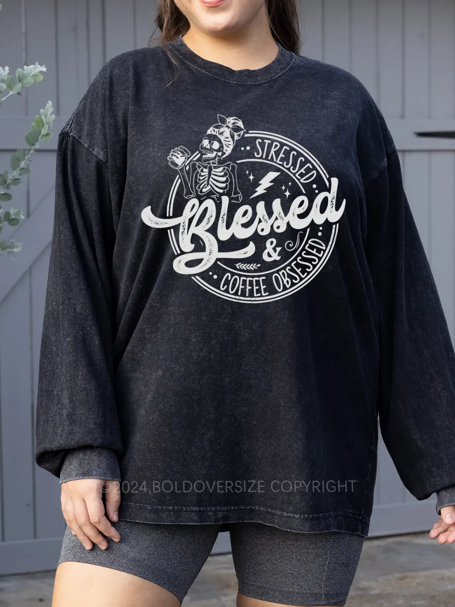 Vintage Stressed, Blessed, And Coffee Obsessed Washed Long Sleeve Shirt