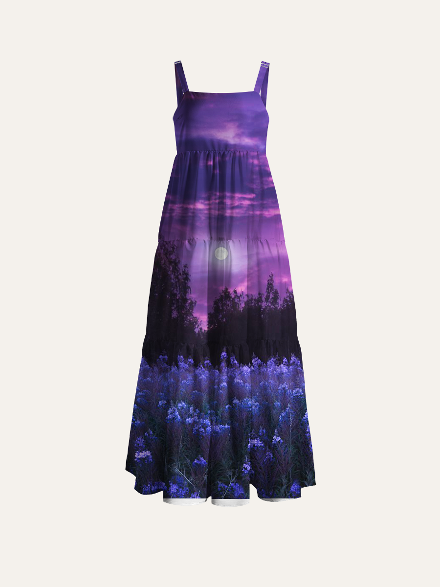 Moody Purple Full Moon Wildflower Field Adjustable Wide Straps Maxi Dress