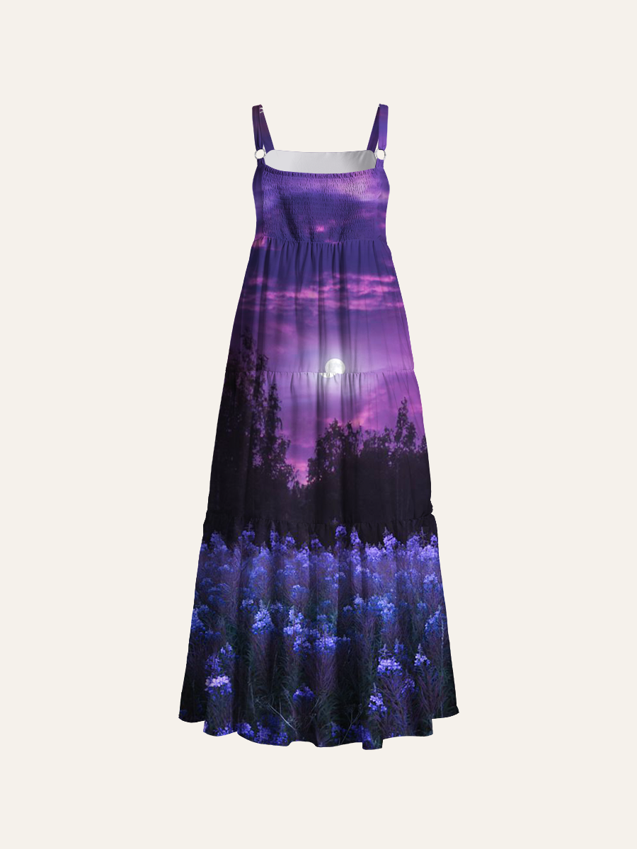 Moody Purple Full Moon Wildflower Field Adjustable Wide Straps Maxi Dress