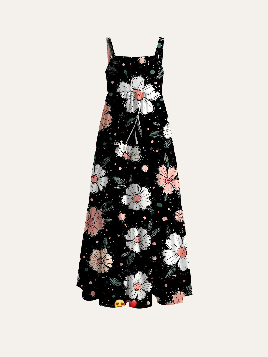Hand Drawn Blush Daisy Adjustable Wide Straps Maxi Dress