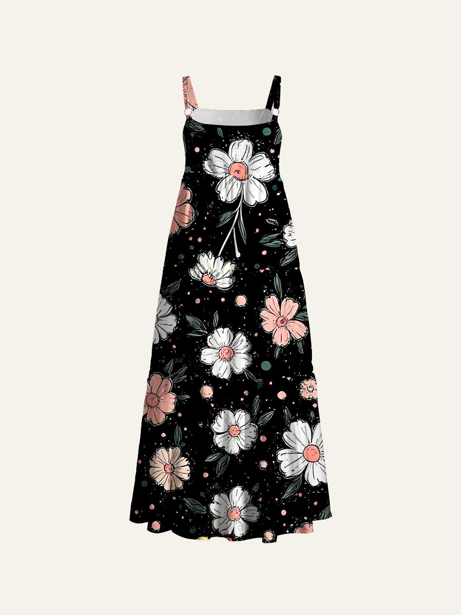 Hand Drawn Blush Daisy Adjustable Wide Straps Maxi Dress