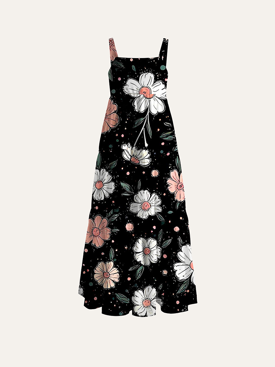 Hand Drawn Blush Daisy Adjustable Wide Straps Maxi Dress