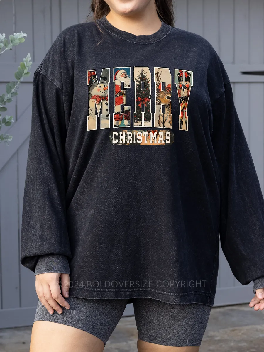 Vintage Merry Christmas Washed Long Sleeve Shirt