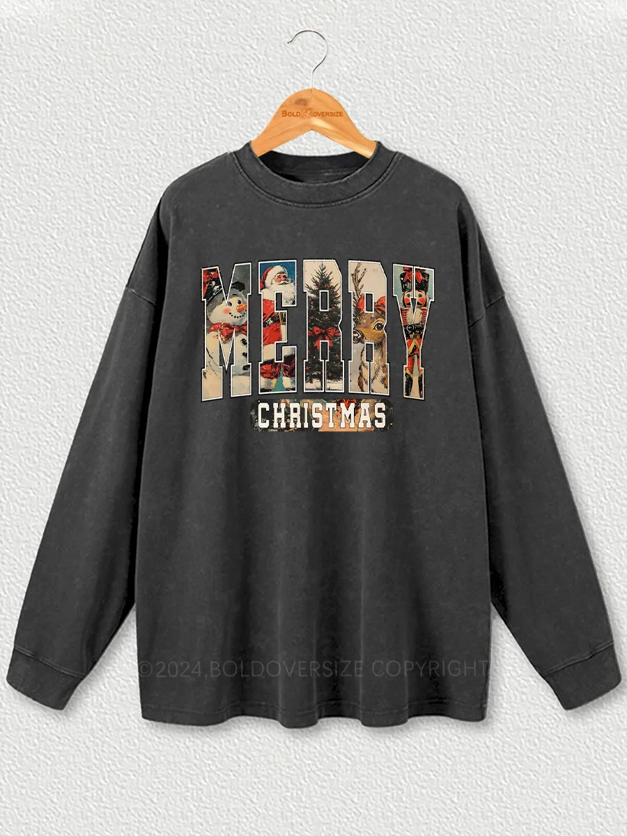 Vintage Merry Christmas Washed Long Sleeve Shirt