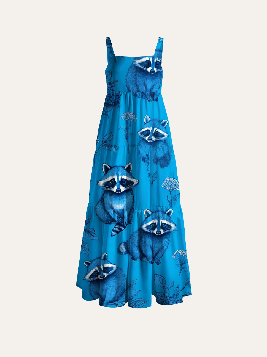 Monochrome Blue Raccoon Hydrangea Adjustable Wide Straps Maxi Dress