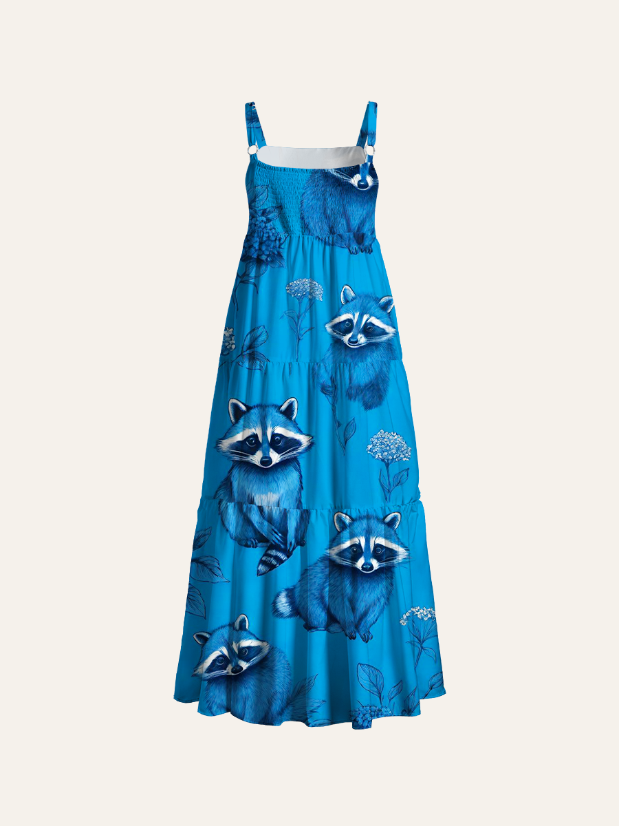Monochrome Blue Raccoon Hydrangea Adjustable Wide Straps Maxi Dress