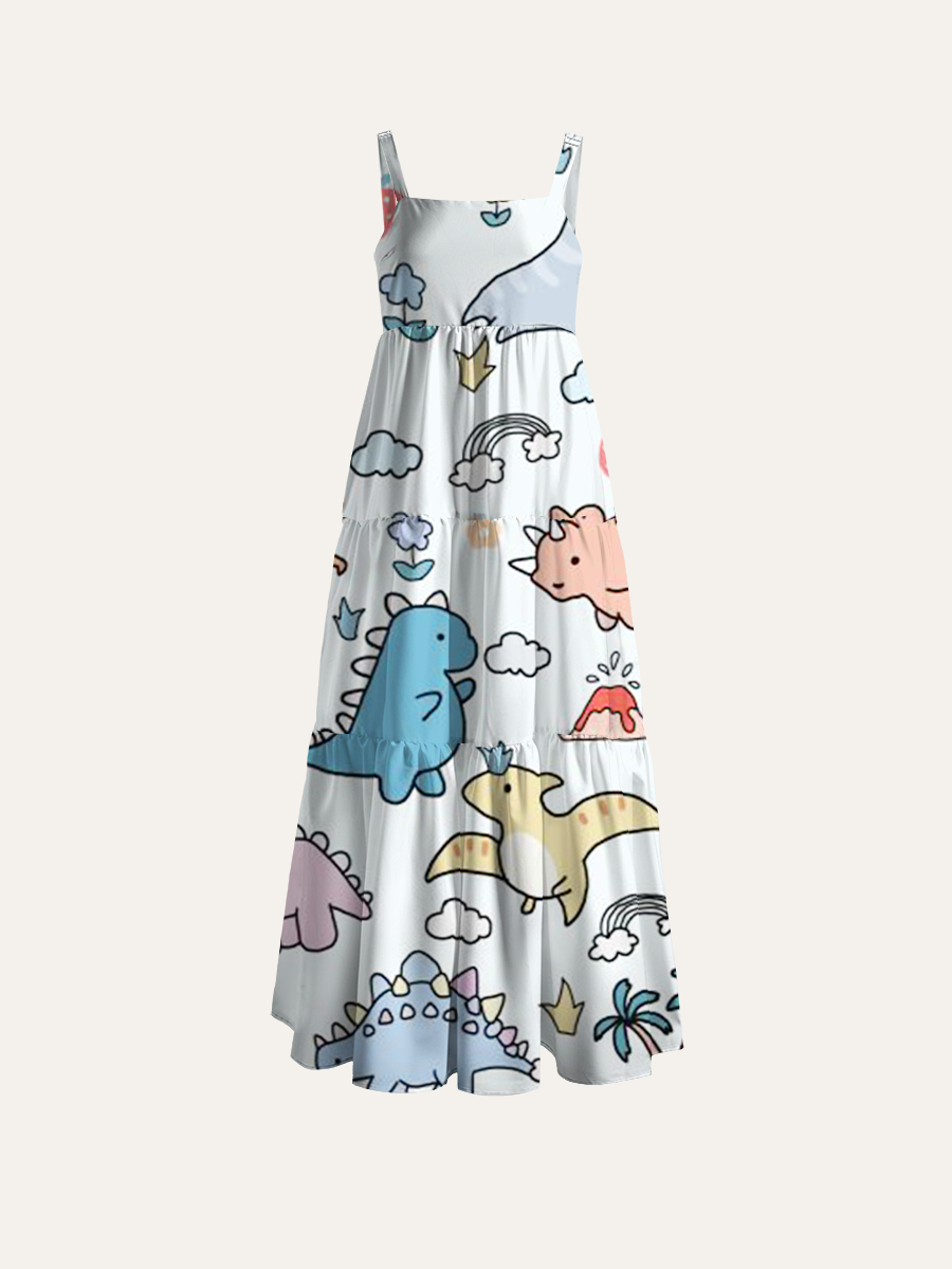 Chibi Dinosaur Adjustable Wide Straps Maxi Dress